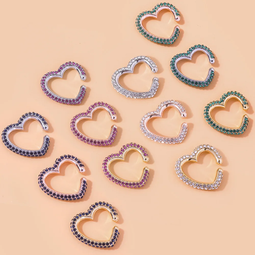 

HOVANCI EuropeanTrendy Multi Color Rhinestone Heart Shaped Non Pierced Ear Clip On Earrings Crystal Heart Ear Cuff Earrings
