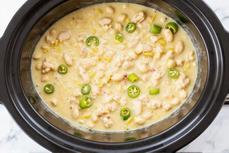 Slow cooker filled with creamy white chili featuring chicken, white beans, and green chilies