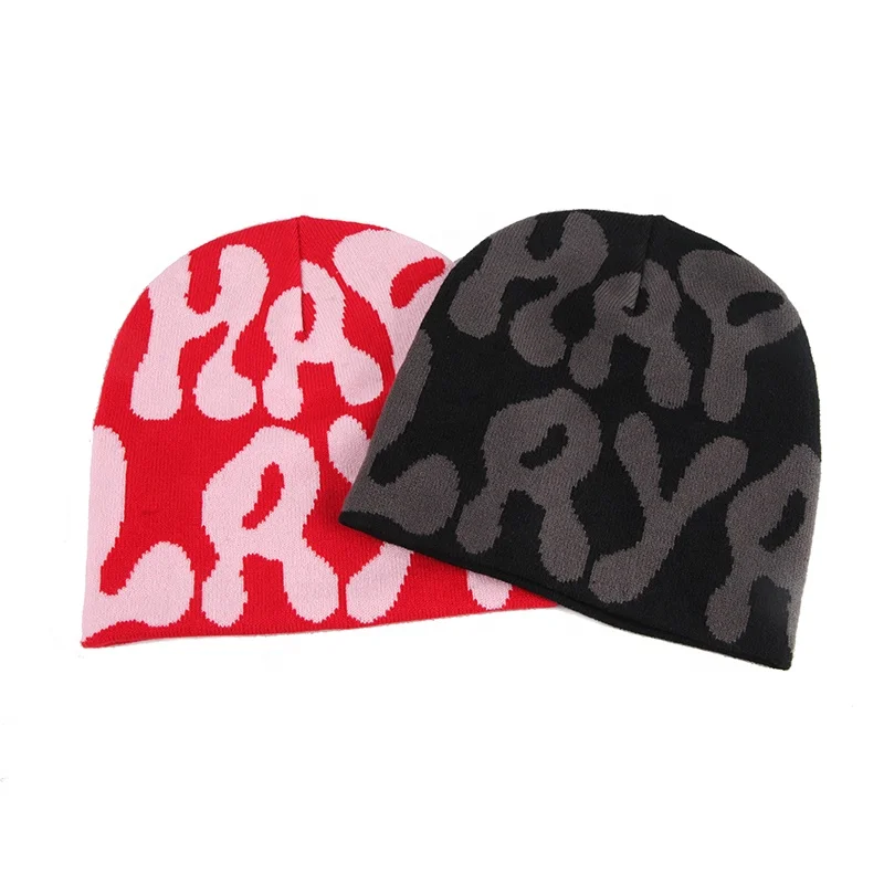 

Custom Logo All Over Print Designer Unisex Graphic Jacquard Knit Winter Beanie Hats