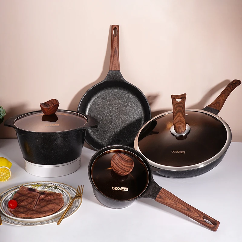 

7 Pcs Metal Non Stick Luxury Kitchenware Frying Pan Pot Camping Cook lovers Custom Logo Frying Housewares Cookware Set, Black