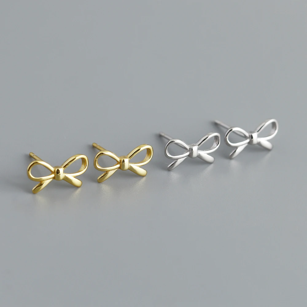 Ins Fashion 925 Silver Plain Simple Bow Stud Earrings Jewelry 18K Gold Plated Sterling Silver Stud Earrings for Women