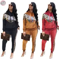 

9100805 hot autumn winter suede patchwork PU leopard 2020 Outfits Two Piece Pant Set Women