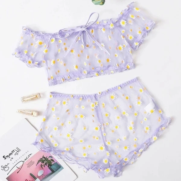 

SFY1249 Sweet Sexy Floral Off Shoulder 2Pcs Sets See Through Lingerie Women Transparent Tops+Shorts Panties Babydoll Sleepwear