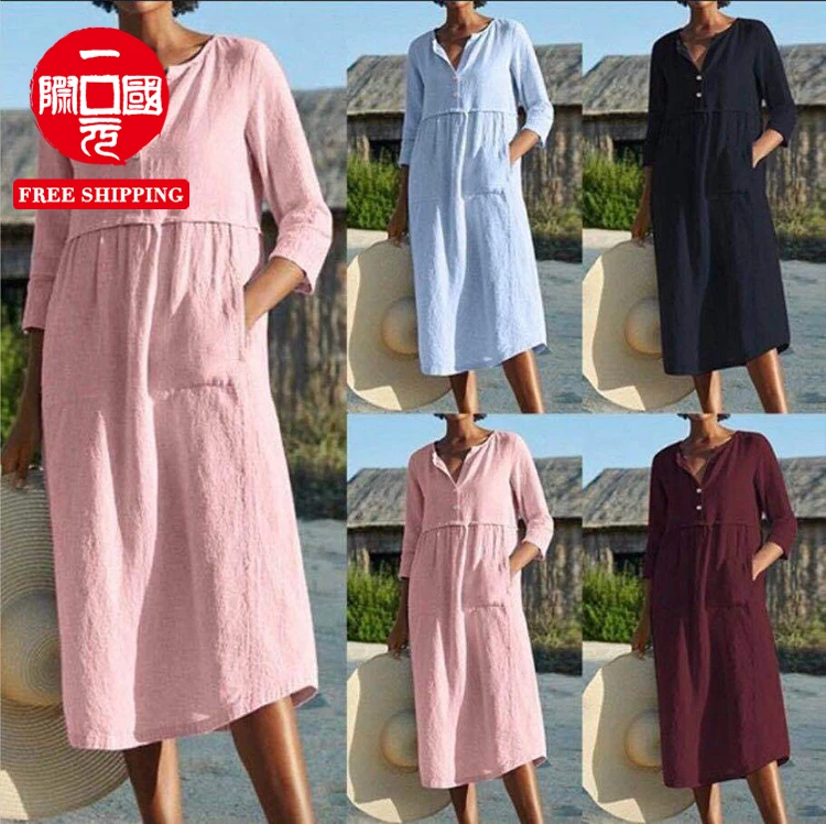 

2021 autumn hot sale button pocket cotton and linen loose long dress