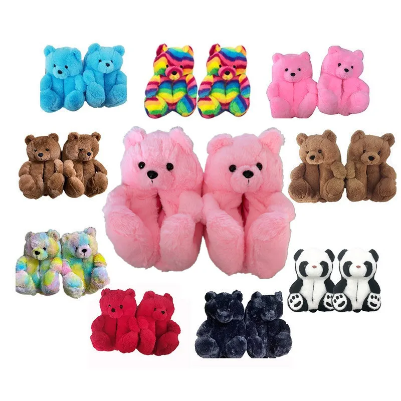 

2021 New Winter Kids Teddy Bears Slippers Fuzzy Fluffy House Fur Slippers Plush Teddy Bear Slippers For Women Girls