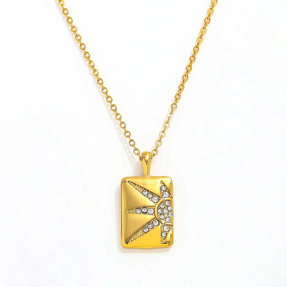 Joolim  Zirconia Shining Starburst Rectangle Pendant Necklace Stainless Steel Necklace Jewelry Wholesale