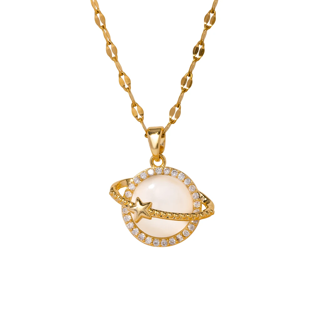 

J&D Dainty Gold Plated necklace Stainless Steel Chain Copper Pendant With Opal Zircon Planet Necklaces