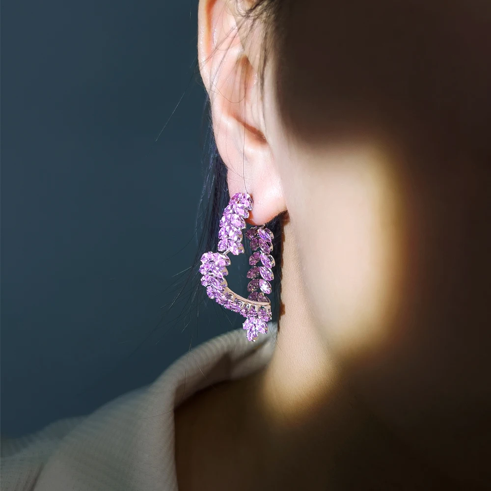 Premium Quality Cubic Zirconia Purple Leaf Heart Shape Party Drop Earrings for Women Wedding Dress Accessories Jewelry