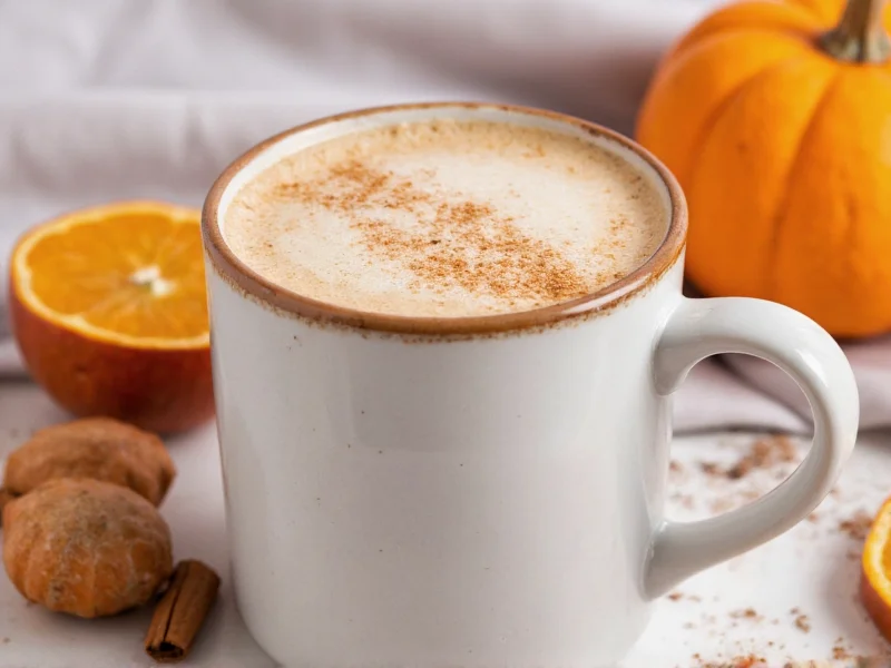 Homemade pumpkin spice latte in ceramic mug with cinnamon sprinkle