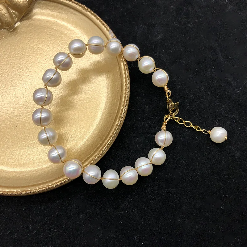 

Weihao Korean Baroque National Style Luxury Oversized Round Natural Freshwater Pearl Bracelet Pearl Adjustable Bracelet, As picture show