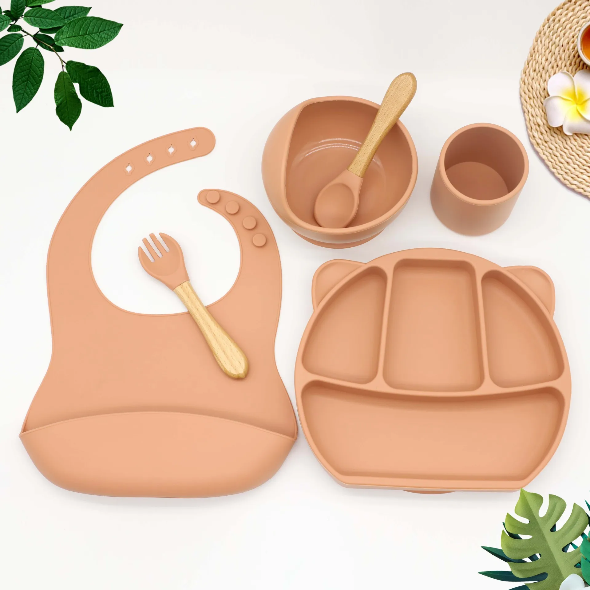 

Custom Logo Muslin Waterproof Silicone Spoon Bowl Bibs Dinnerware Feeding Set Sets for Baby Babies