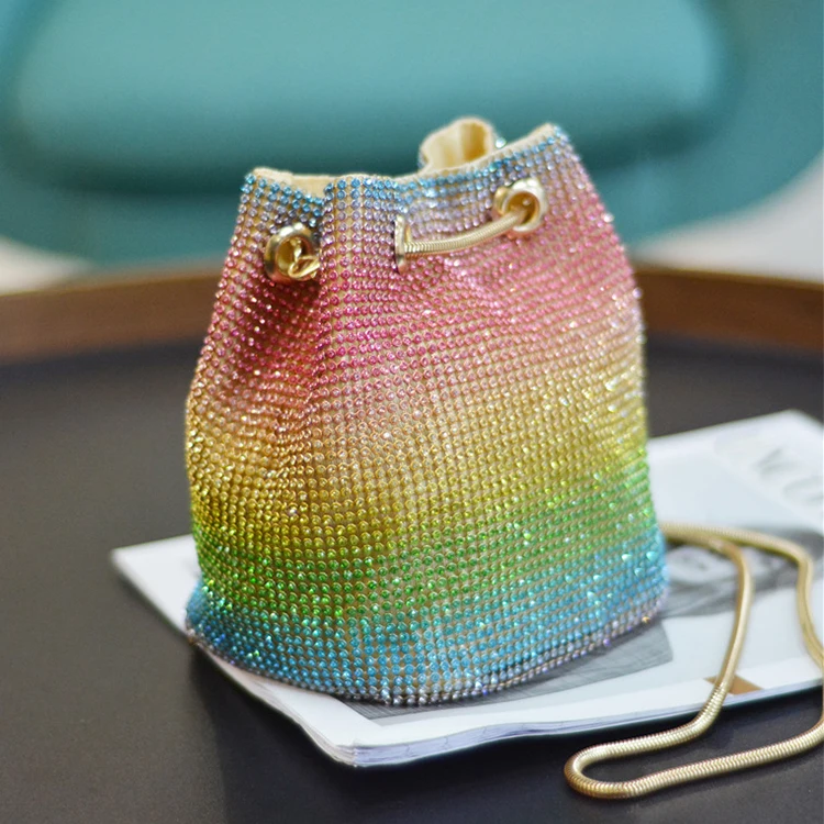 

New designer rainbow chain rhinestone bucket bag women lady handbags shoulder bucket bags, Customized color