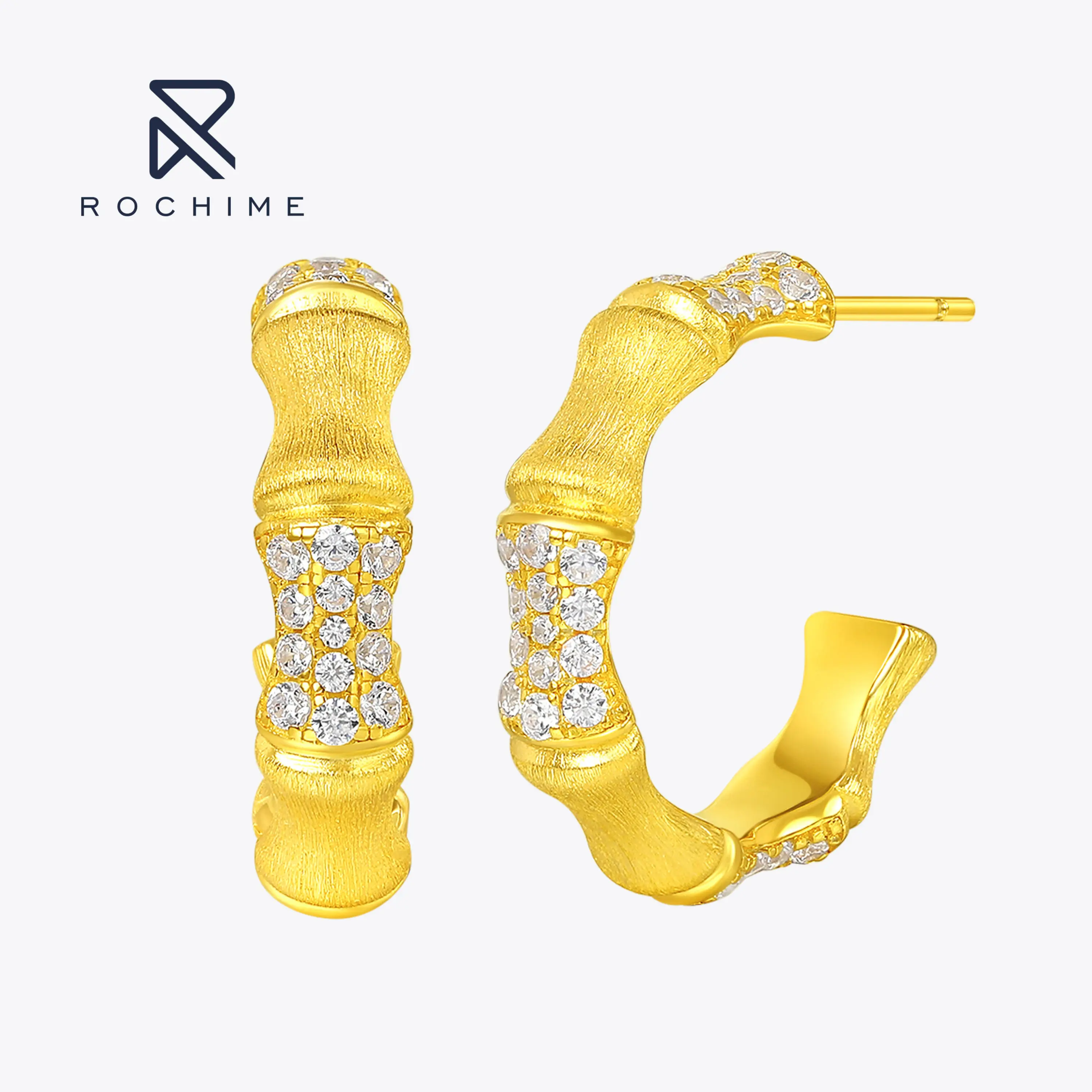 Rochime Brushed Plant Ring Bamboo Joint Diamond Stud Earrings  925 Sterling Silver Gold Plated 5a Zircon Jewelry for Women