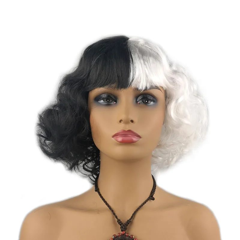 

Cruella De Vil Cosplay Wig Short Fluffy Wavy Half Black and White Wigs Synthetic Hair for Halloween Short Bob Wavy