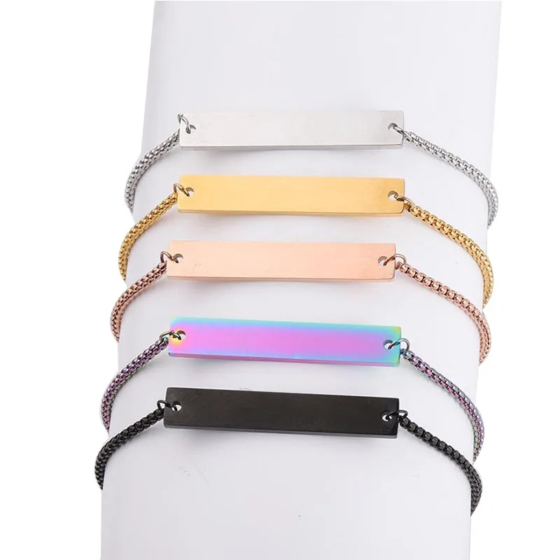 

Hot Sales Adjustable Stainless Steel Bolo Chain Engraved Strip Bar Bracelet