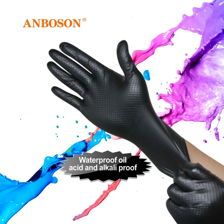 

Anboson Factory Wholesale Nitrile Examination Glove Diamond Dotted Duty Powder Free Black Disposable Nitrile Gloves