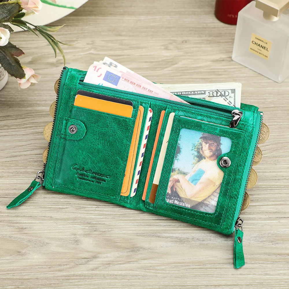 

Contact's Factory Wholesale Women Short Bifold Genuine Leather RFID Wallet With Double Zipper Coin Pockets Purse With Card slots