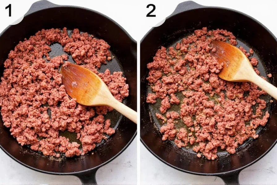 Step-by-step preparation of homemade chili with ground beef showing browning ground beef in cast iron skillet