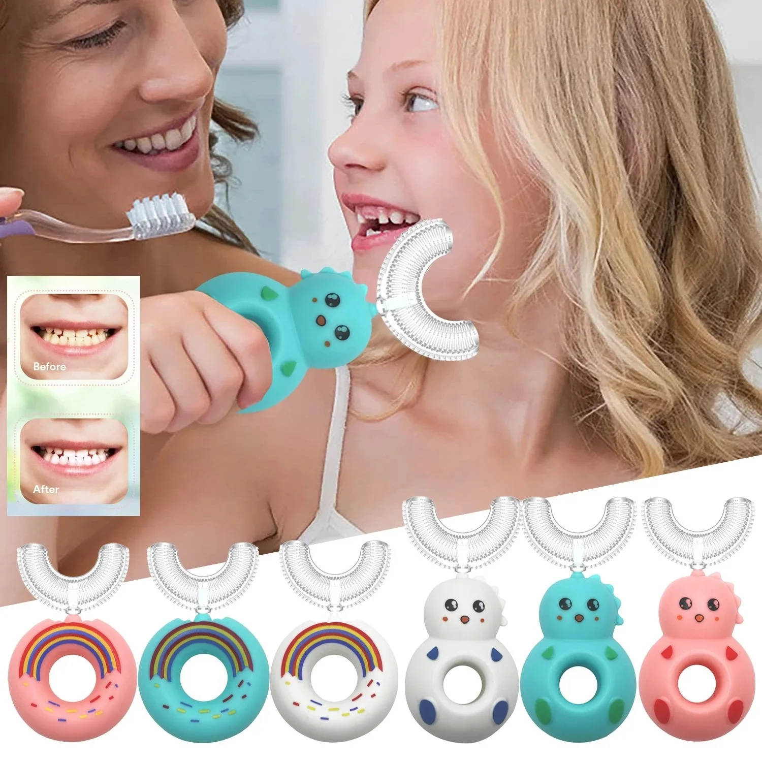 

New arrival 2022 Food Grade Silicone Head Lovely Kids 360 U Shaped Toothbrush for Children, Pink ,blue,white