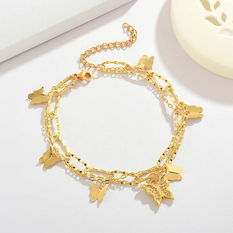 

Brass and Stainless Steel Crystal Double Layer 18k Gold Plated Chain Design Jewelry Butterfly Bracelet