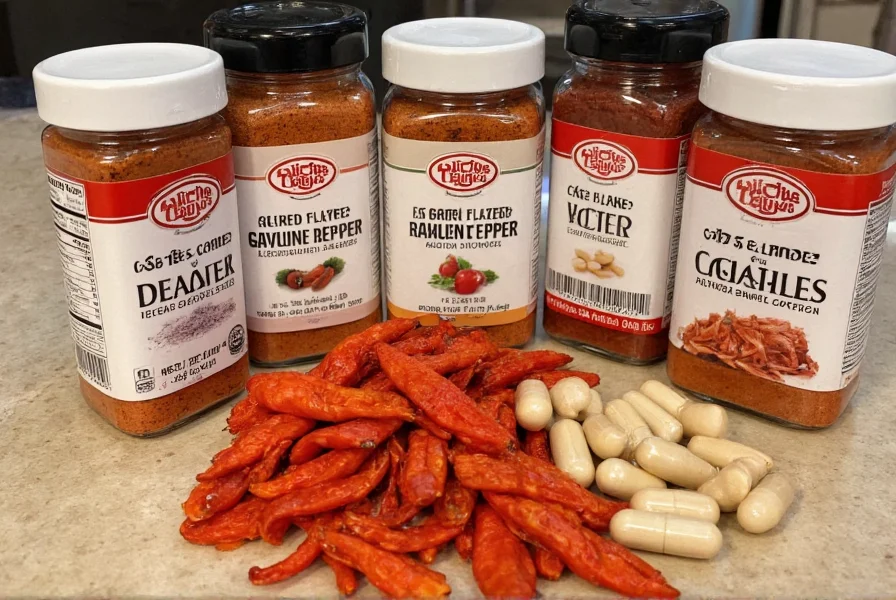 Various cayenne pepper products including dried whole peppers, flakes, ground powder, and capsules arranged on kitchen counter