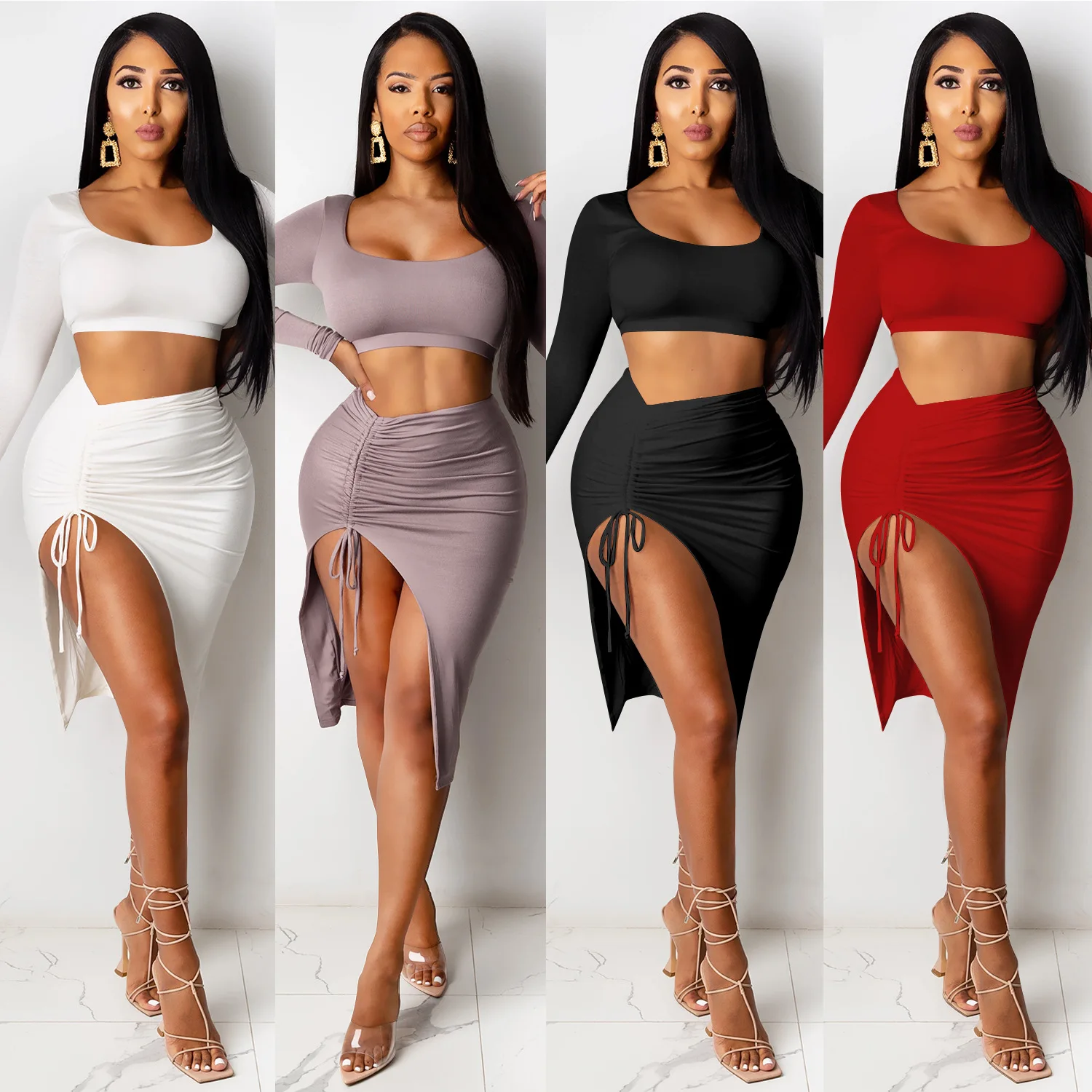

Low Neck Long Sleeves Crop Top Split Drawstring Ruched Skirt Sexy Club Women Two Piece Outfit Sets
