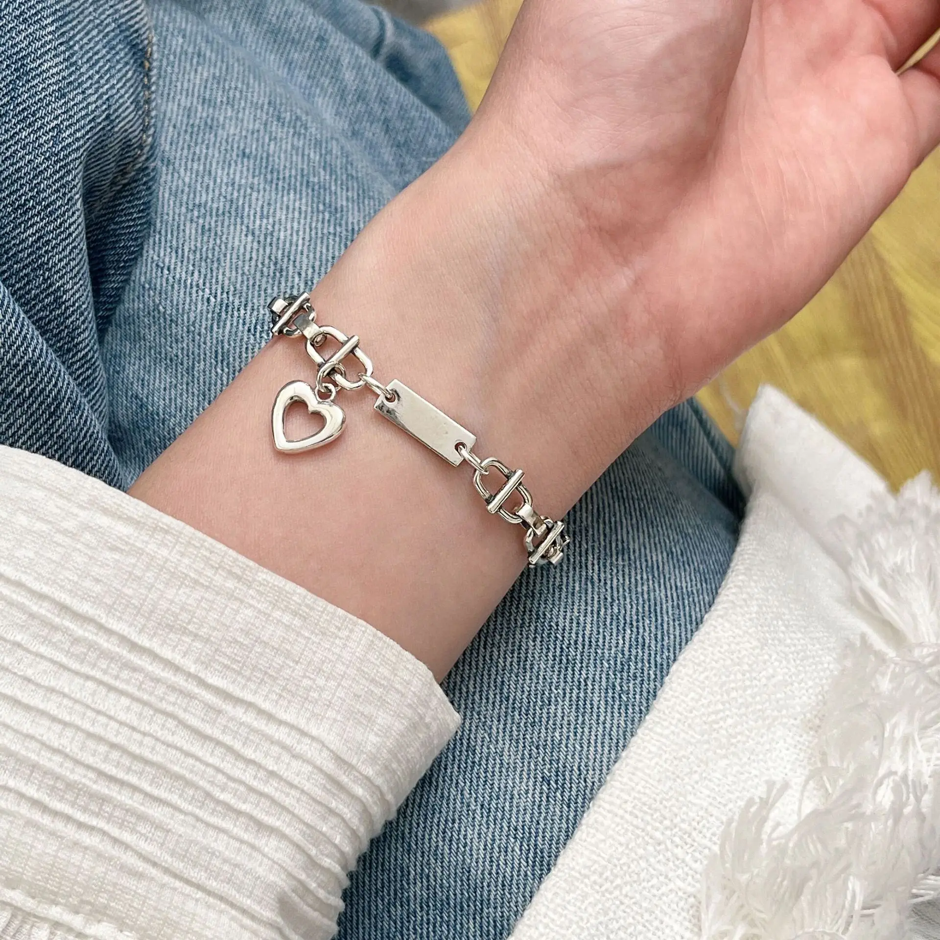 

Women Accessories Light Luxury Heart Bracelet Summer New Chunky Chain S925 Sterling Silver Fine Jewelry