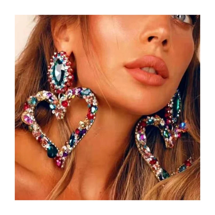 

2021 fashion colorful heart geometric drop big crystal gorgeous statement earrings, As picture