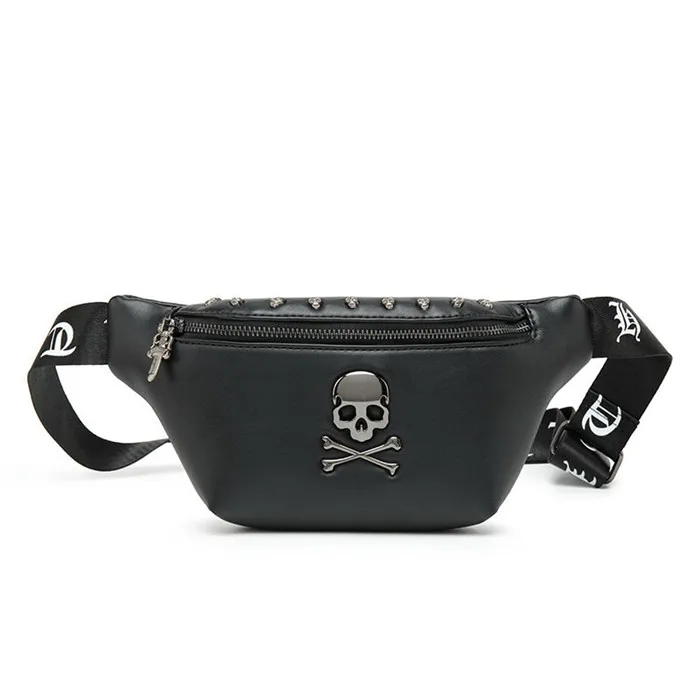 

Rock Skull Unisex Belt Bag Rivet Chest Bag Luxury Punk Black Fanny Pack Leather Men Waist Bag, Color1