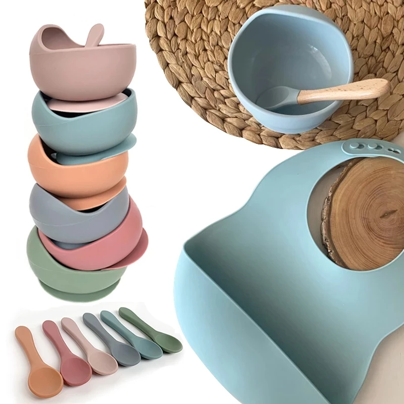 

Wholesale Three In One Set Baby Feeding Soft Silicone Baby Bib Bowl And Spoon