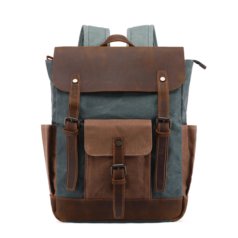 

Vintage designer waxed canvas backpack genuine crazy horse leather trim water proof camping rucksack back pack backpack, Gray, army green, blue coffee