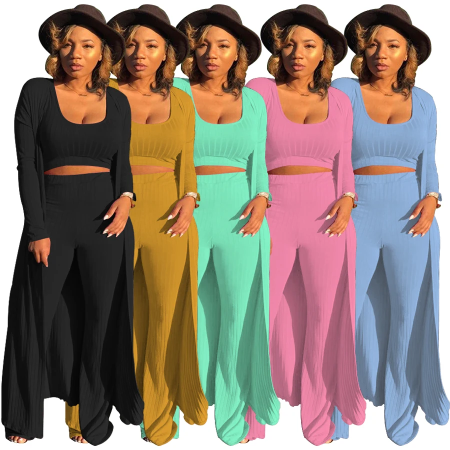 

Casual Solid Color Long Cost Set Women Ribbed Wide Leg Pant Suit 3 Piece Pant Set Women