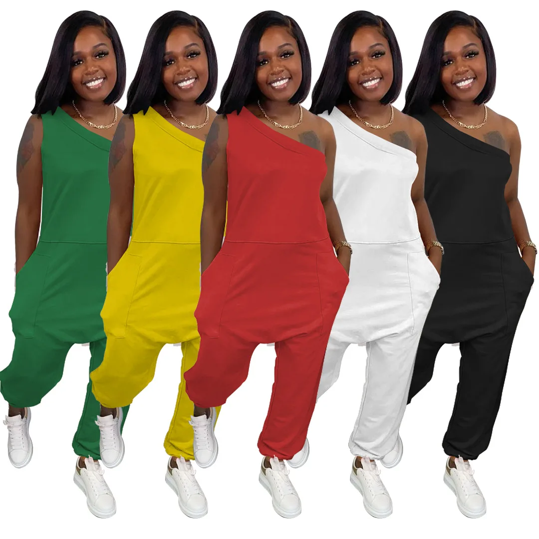 

Summer Clothes Sexy One Shoulder Pocket Jumpsuit Sleeveless Streetwear Women Outfits Tracksuit One Piece Rompers