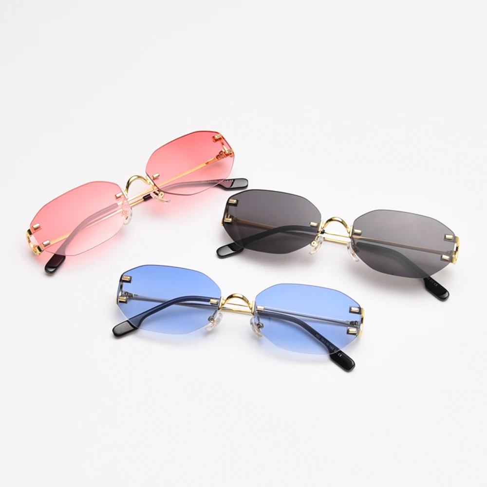 

Frameless eyeglasses square rimless women oval metal for men polygon 2022 uv400 retro sunglasses blue purple