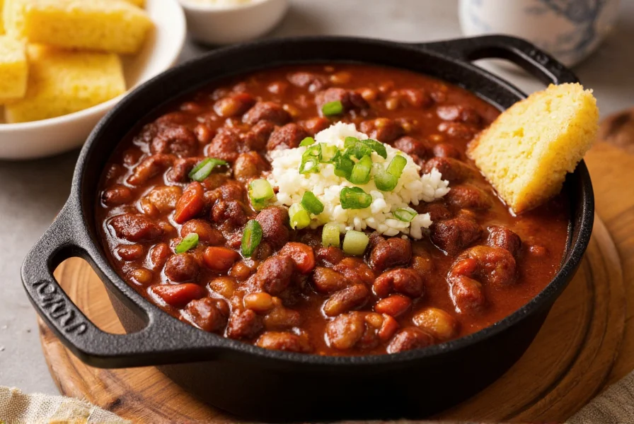 Authentic dixie chili served in a cast iron pot with cornbread on the side, southern kitchen setting