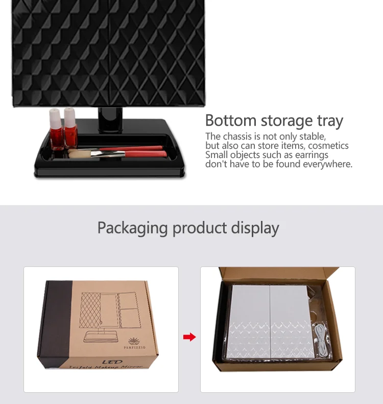 Touch Sensor Table Top Makeup Third Fold Make Up 10X Magnifying Tri Fold Makeup mirror