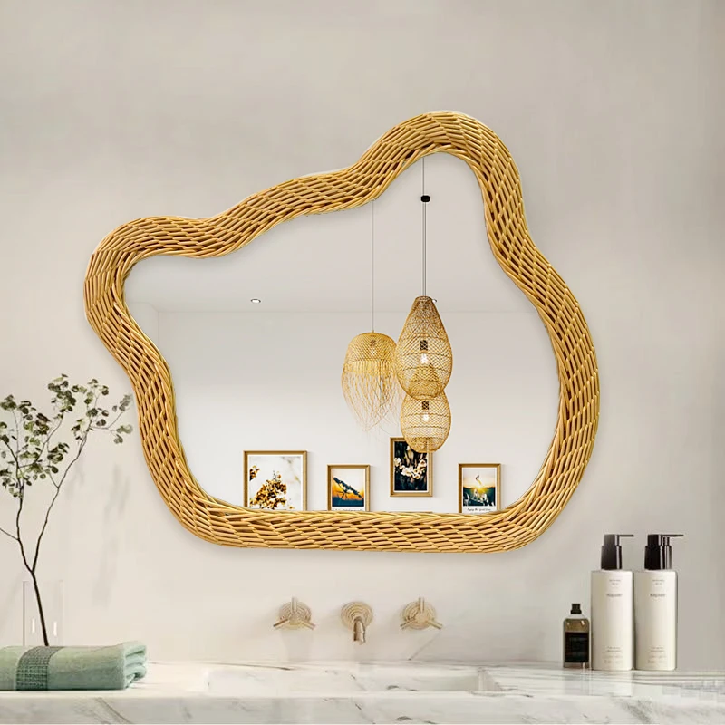 66x56cm New Cartoon Bear Shaped Rattan Woven Mirror Modern Simple Bosimi Wind Wall Hanging Mirror