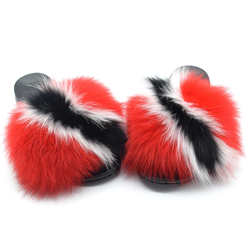 

OEM logo custom Factory wholesale big fur fluffy pvc slides ladies furry raccoon fur slippers for women soft real fox fur slides, Customized color