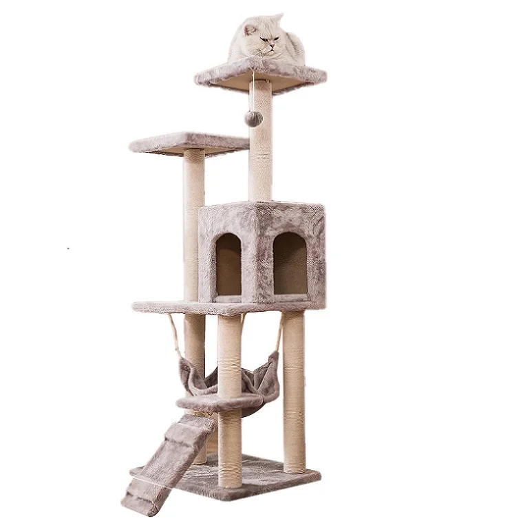 

Top selling Amazon safe and stable multi-layer solid wood cat tower scraper, Light grey, beige