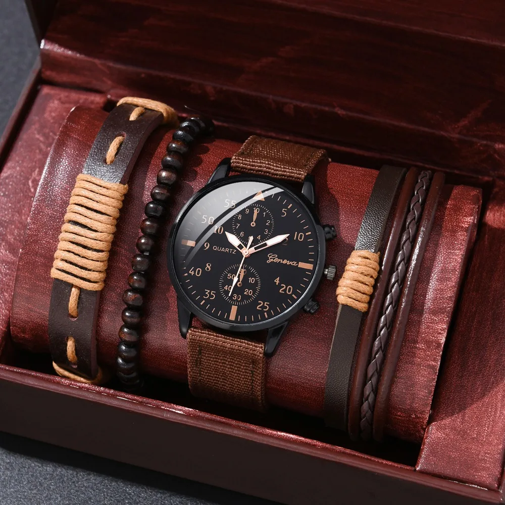 Hot Sale Wholesale Cheap Alloy Fashion Classic Leather GENEVA Calendar Quartz Bracelet and Watches Set for Men