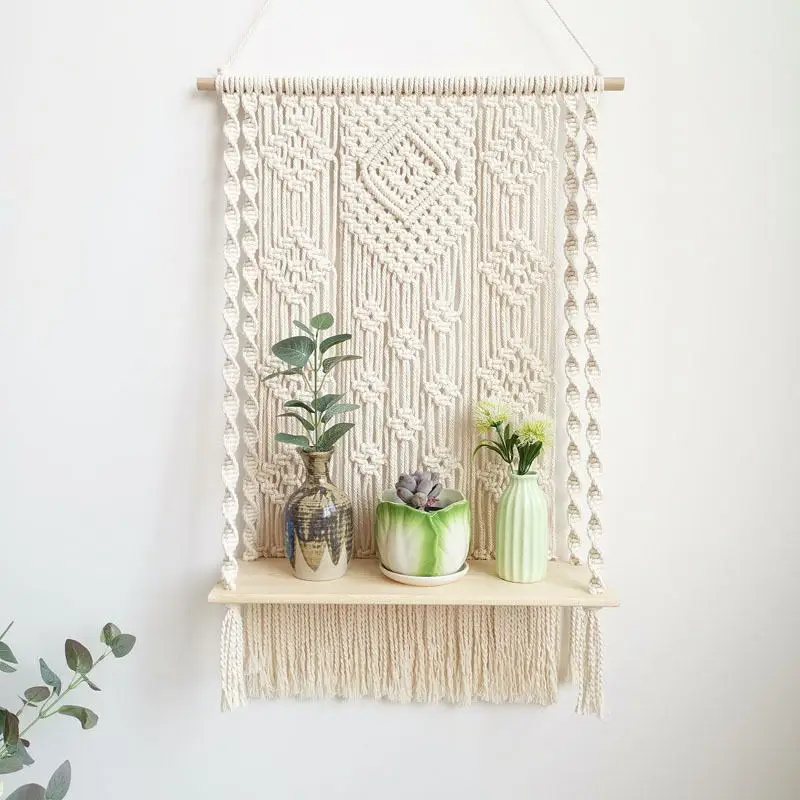 

Chic Handmade Decorative Cotton Rope Macrame Weaving Wall Hanging Organizer Shelf for Planter Hanger Boho Home Decor