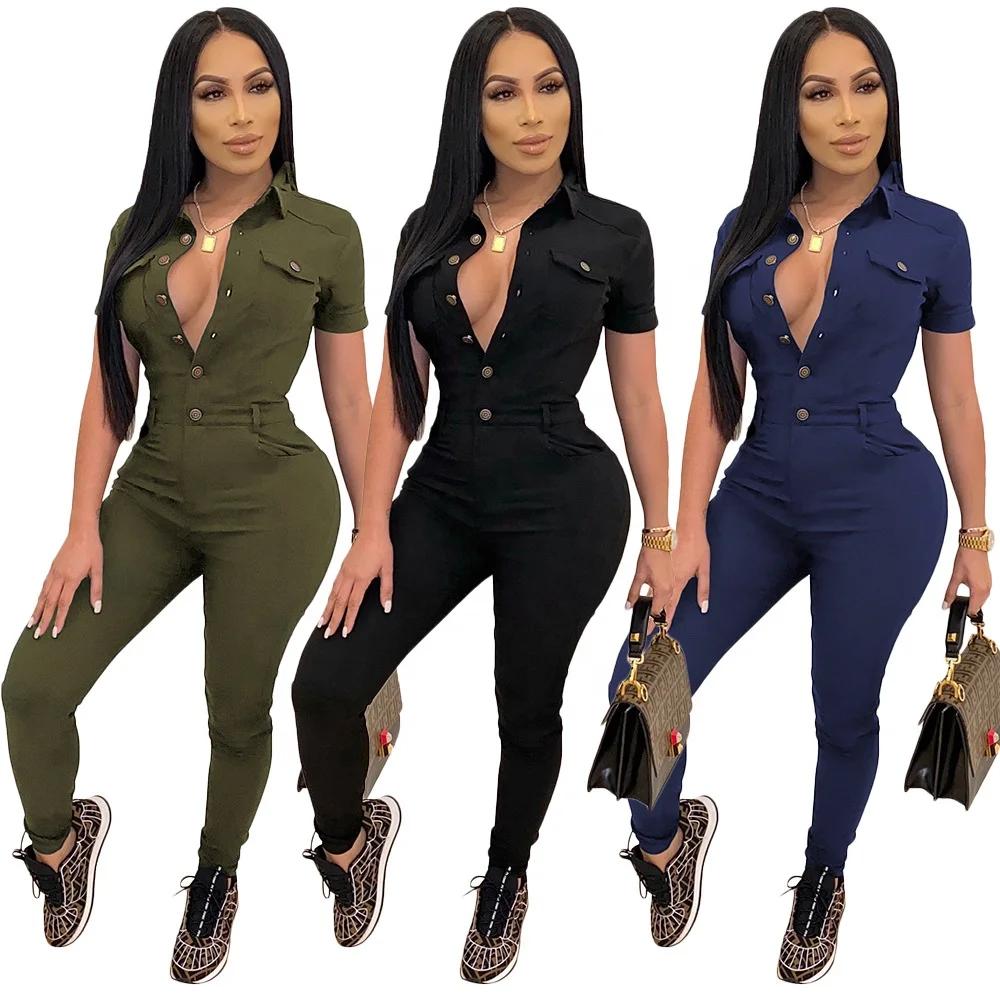 

YX-S390172 Stylish 2021 cargo knit romper casual jumpsuits for women short sleeve buttons womens one piece jumpsuit with pocktes