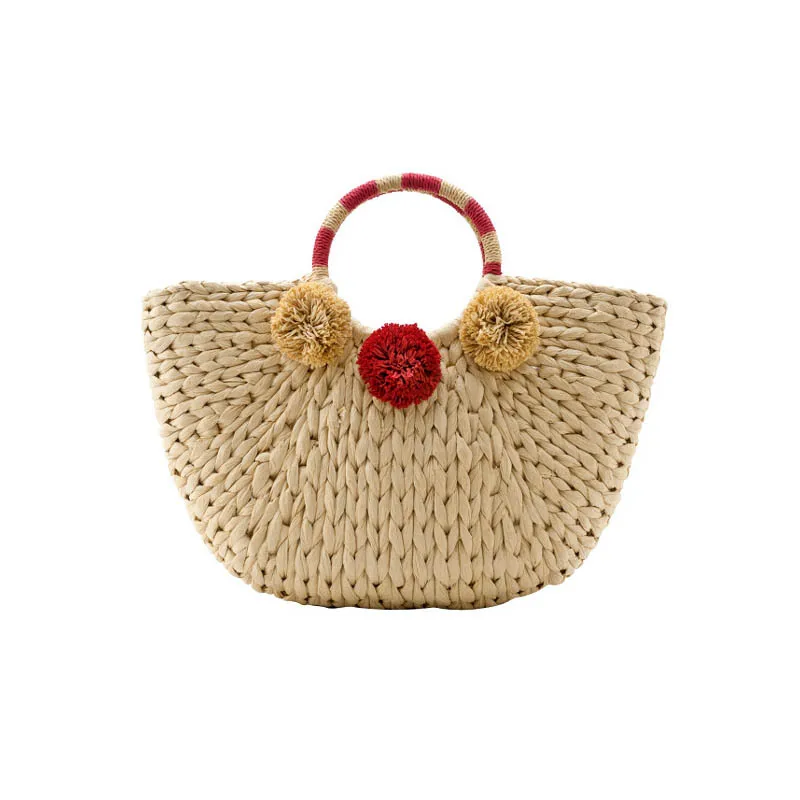 

Handmade Woven Straw Beach Bag For Women Pompom Tote Basket Shopping Handle Bag Purse Wholesale