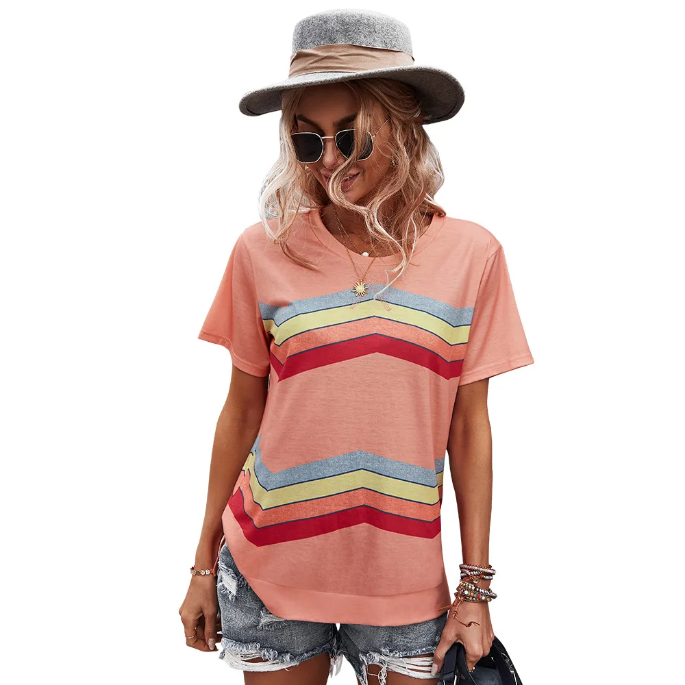 

In Stock 2021 Summer Women's Polyester Short Sleeve Striped Printed Casual T-shirts