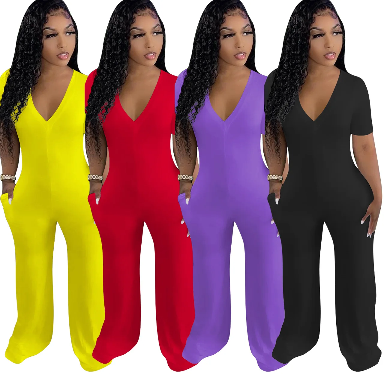 

2021 Fall Casual Womens Clothes Basic Solid Color V Neck Rompers Jumpsuit Short Sleeve Baggy Wide Leg Pants Jumpsuits, Picture