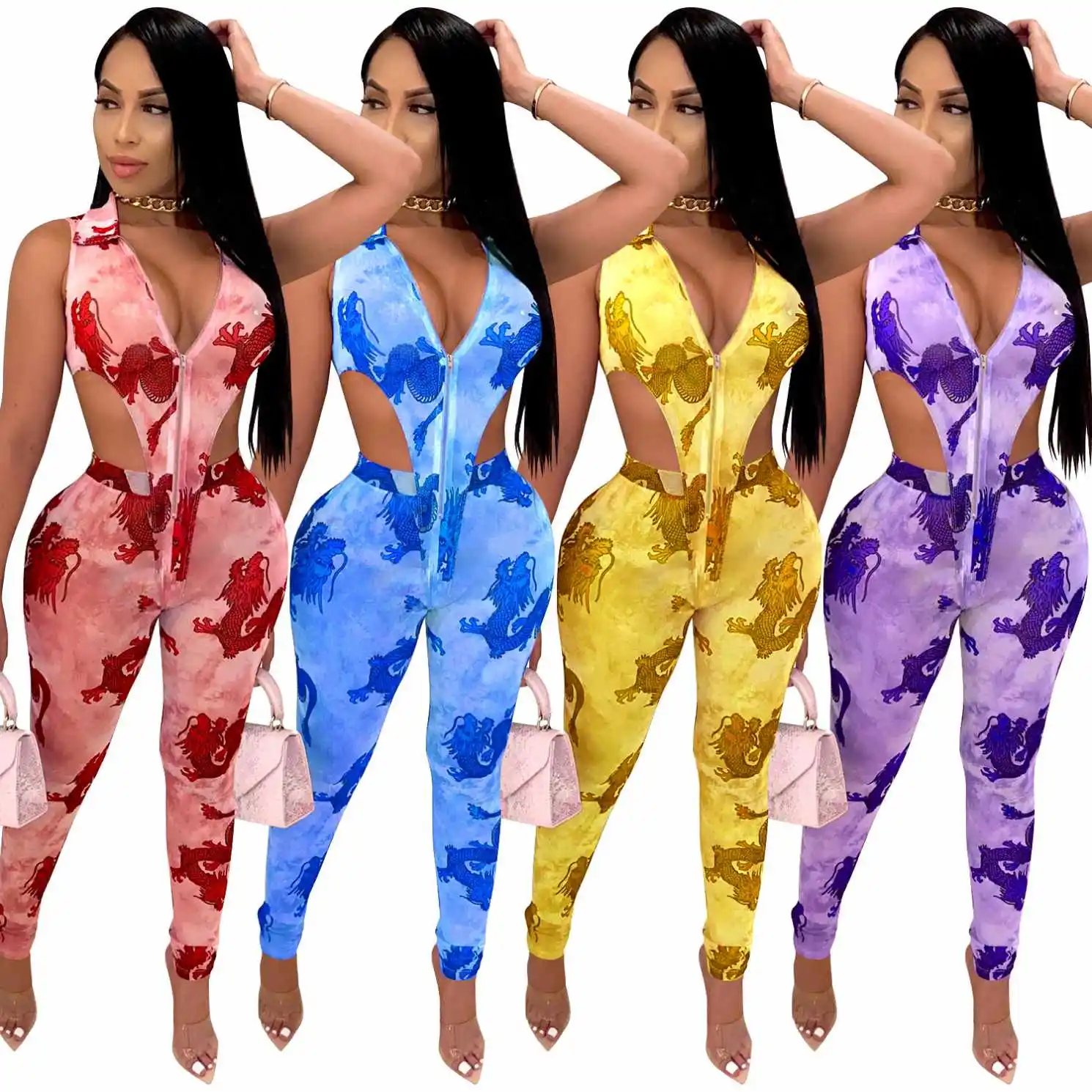 

Sleeveless trousers jumpsuit two piece set women clothing with zipper women sets two piece printing two piece pants set