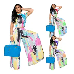 Foma Clothing FM-4277 women casual tie dye printed top shirt and wide leg pants trousers set two 2 piece suit