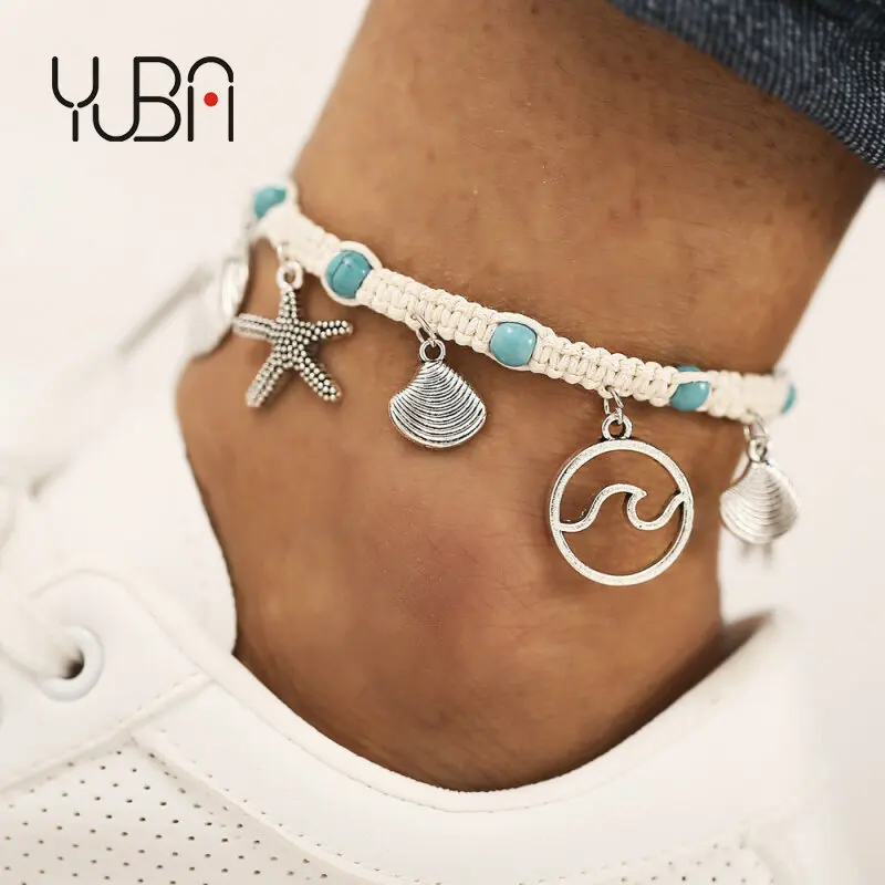 

Boho Handmade Braid White Rope Alloy Scallop Wave Charm Anklets Silver Color Sea Starfish Pendant Ankle Set For Summer Beach