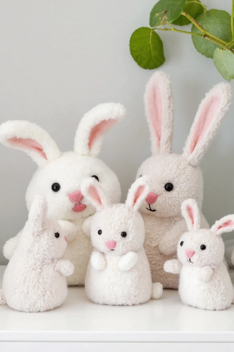 A shopping guide graphic listing product types, features, and recommended uses for bunny-themed decor items.