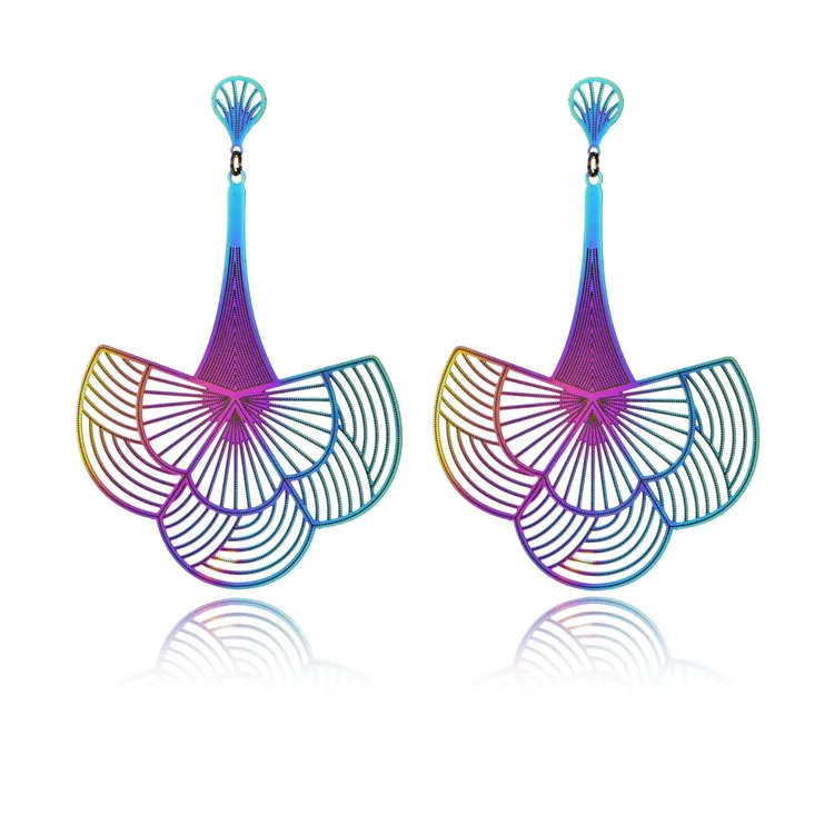 

Rainbow Colorful Stainless Steel Earrings Personalized Gradient Ramp Carved Earrings For Women, As the picture shown